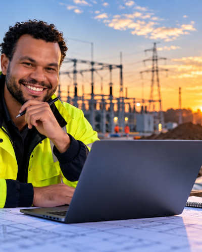 Ingenieur met bouwplannen bij zonsondergang